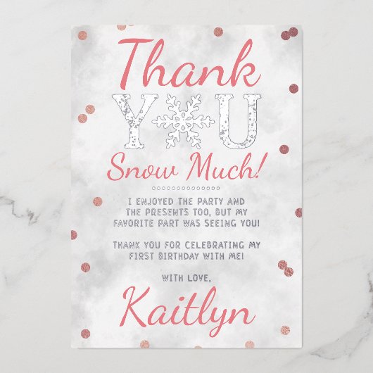 Snowflake Winter 1e verjaardag Dank u Folie kaarte Folie Uitnodiging (Voorkant)