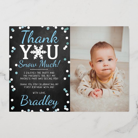 Snowflake Winter 1e verjaardag Dank u Folie kaarte Folie Uitnodiging (Voorkant)