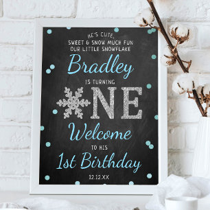 Snowflake Winter Chalkboard 1st Birthday Welkom Poster