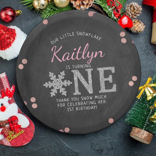 Snowflake Winter Chalkboard 1ste verjaardag Papieren Bordje