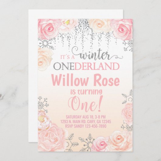 Snowflake winter girl nodigt eerste verjaardag uit kaart (Voorkant / Achterkant)