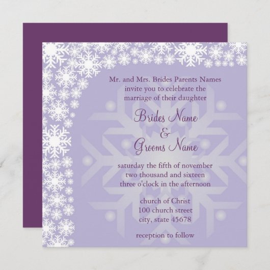 Snowflake Winter Wedding Invitation - Ice Paars Kaart (Voorkant / Achterkant)