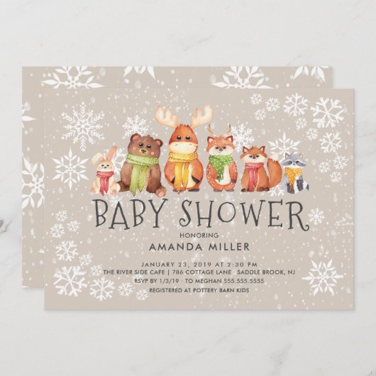 Snowflake Woodland Animals Baby shower Uitnodiging (Voorkant / Achterkant)
