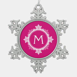 Snowflake Wreath Monogram in Fuchsia Pink & White Tin Sneeuwvlok Ornament