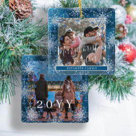 Snowflakes 2 familiefoto gepersonaliseerd blauw wi keramisch ornament
