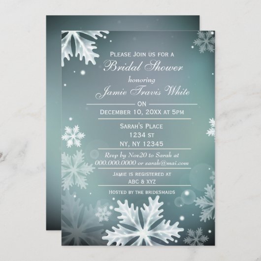 Snowflakes Aqua Winter Bridal invitation (Devant / Derrière)