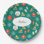 Snowflakes Blauwgroen Monogram Pattern Kerstfeest Papieren Bordje (Voorkant)