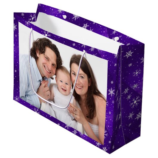 Snowflakes Bleu-pourpre Backgd Grand sac cadeau (Devant Angle)