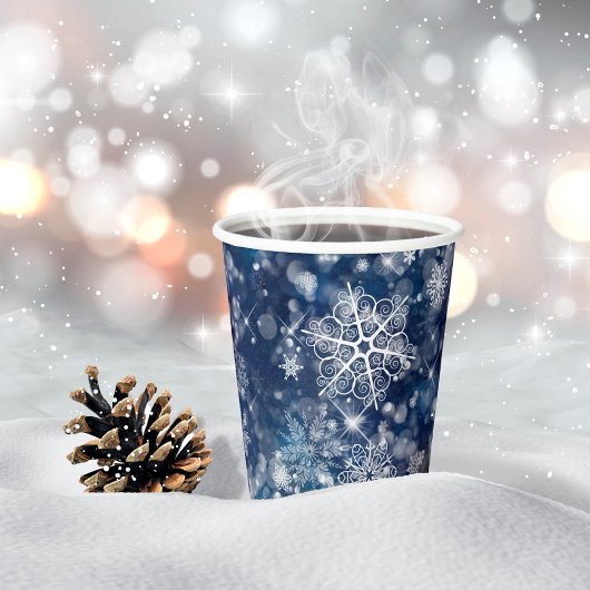  Snowflakes & Bokeh Pattern Wht/Blu ID846 Papieren Bekers