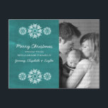 Snowflakes Chalkboard Photo Carte postale, Turquoi<br><div class="desc">Carte postale de Chalkboard de Snowflakes moderne et tendance, avec un look arrière - plan et d'élégants flocons de neige en blanc. Cette carte postale chic est parfaite pour envoyer des salutations de vacances. Customisez avec votre propre photo de famille et l'accueil personnalisé de votre choix. Cliquez sur "Customiser" pour...</div>