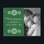 Snowflakes Chalkboard Photo Carte Postale, Vert<br><div class="desc">Carte postale de Chalkboard de Snowflakes moderne et tendance avec un look arrière - plan de tableau vert et d'élégants flocons de neige en blanc. Cette carte postale chic est parfaite pour envoyer des salutations de vacances. Customisez avec votre propre photo de famille et l'accueil personnalisé de votre choix. Cliquez...</div>