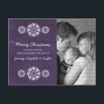 Snowflakes Chalkboard Photo Carte Postale, Violet<br><div class="desc">Carte Postale photo Chalkboard moderne et branchée de Snowflakes avec un look de tableau violet arrière - plan et d'élégants flocons de neige en blanc. Cette carte postale chic est parfaite pour envoyer des salutations de vacances. Customisez avec votre propre photo de famille et l'accueil personnalisé de votre choix. Cliquez...</div>