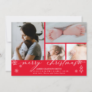 Snowflakes Christmas Photo Baby Faire-part Rouge