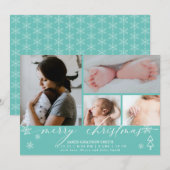 Snowflakes Christmas Photo Baby Faire-part Turquoi (Devant / Derrière)