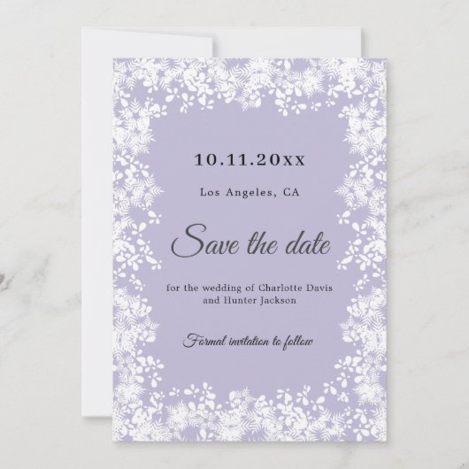 Snowflakes dusty lavender winter wedding save the date (Voorkant)