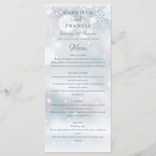 Snowflakes Élégant Menu de mariage hivernal (Devant)