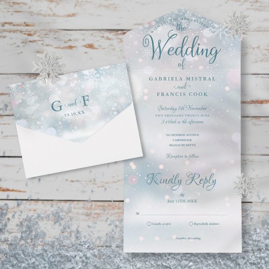 Snowflakes Elegant Script Winter Weddenschap All In One Uitnodiging