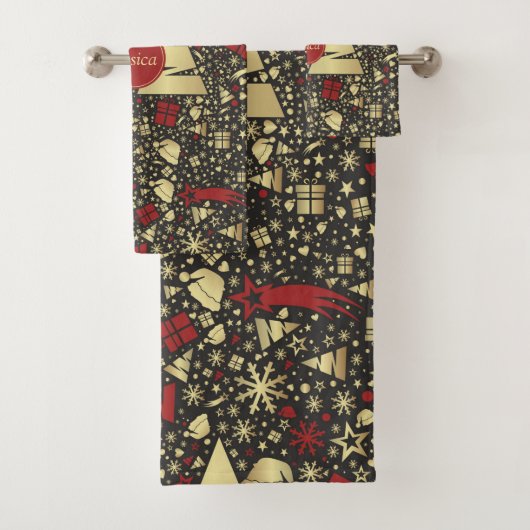 Snowflakes en sars met rode en gouden kerstbomen bad handdoek (Insitu)