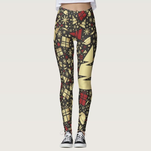 Snowflakes en sars met rode en gouden kerstbomen leggings (Voorkant)