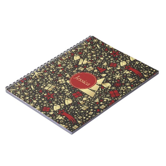 Snowflakes en sars met rode en gouden kerstbomen notitieboek (Linkerzijde)