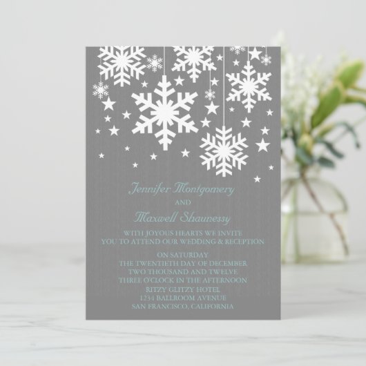 Snowflakes en sterweddenschap Invite, grijs Kaart (Staand voorkant)