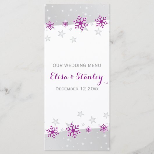 Snowflakes en violet & gris étoiles menu mariage (Devant)