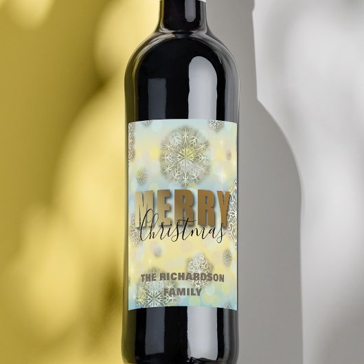 Snowflakes Gold Merry Kerstmis Wijn Etiket