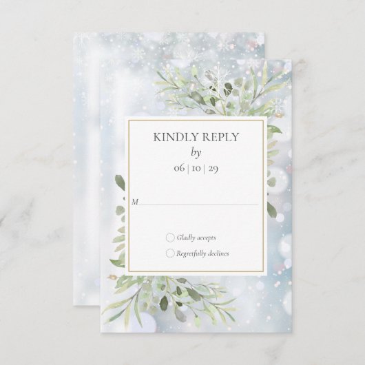 Snowflakes hiver Mariage vert RSVP (Devant / Derrière)