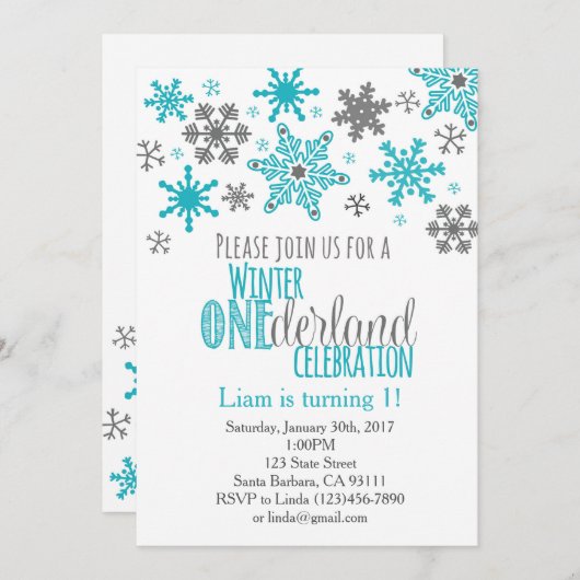 Snowflakes ONEderland Verjaardag Uitnodiging-Aqua Kaart (Voorkant / Achterkant)