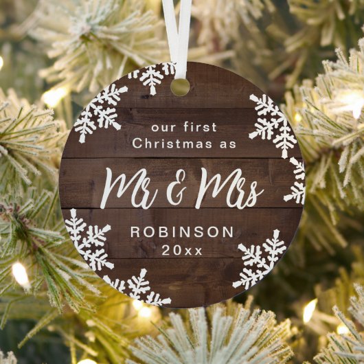 Snowflakes ons eerste kerstfeest Mr & Mrs Script Metalen Ornament (Insitu)