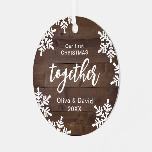 Snowflakes ons eerste kerstfeest samen script metalen ornament (Voorkant links)