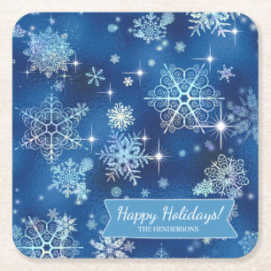  Snowflakes Pattern Blue ID846 Vierkante Kartonnen Onderzetter