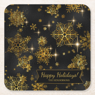  Snowflakes Pattern Gold/Black ID846 Vierkante Kartonnen Onderzetter