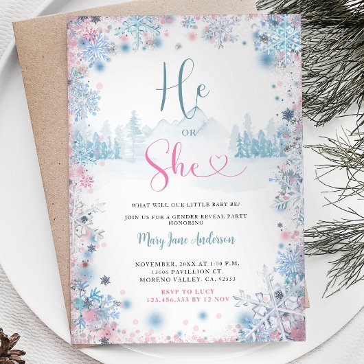 Snowflakes PInk Blue Gender Reveal Invitation