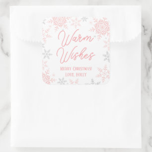 Snowflakes Roze & Zilver Glitter kerstcadeaus Vierkante Sticker