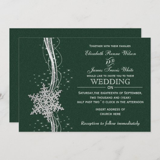 Snowflakes Silver vert invitations de mariage hive (Devant / Derrière)