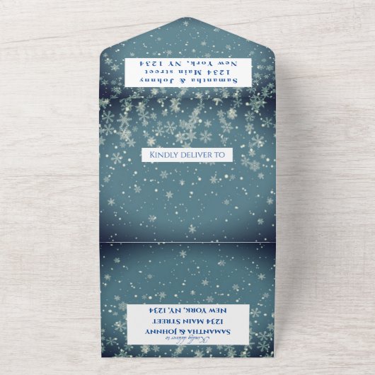 Snowflakes Sneeuwblauw WinterWonderland Weddenscha All In One Uitnodiging (Buitenkant)