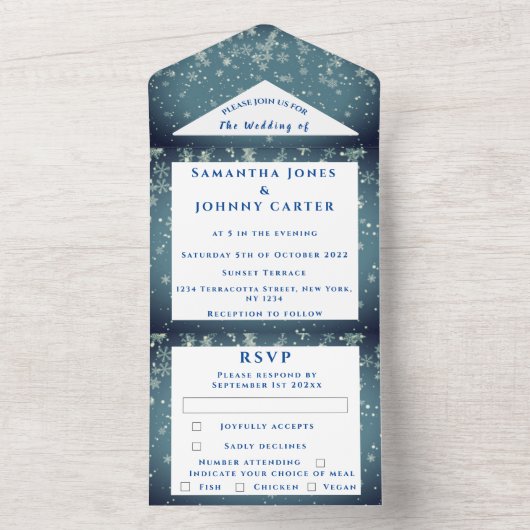 Snowflakes Sneeuwblauw WinterWonderland Weddenscha All In One Uitnodiging (Binnen)