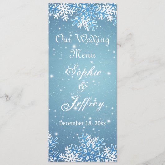Snowflakes sur le bleu Noël Menu Mariage (Devant)