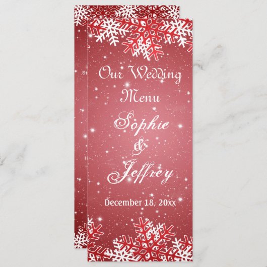Snowflakes sur le Mariage de Noël rouge Menu (Devant / Derrière)