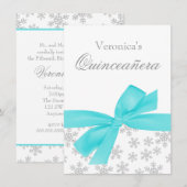 Snowflakes Turquoise Bow Quinceanera Invitations (Devant / Derrière)