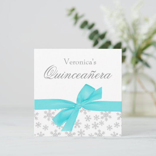 Snowflakes Turquoise Bow Quinceanera Invitations (Debout devant)