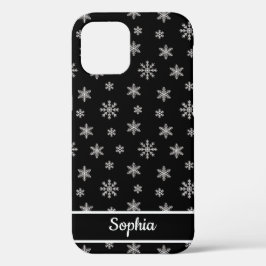 Snowflakes Zwarte patroon gepersonaliseerde naam iPhone 12 Hoesje