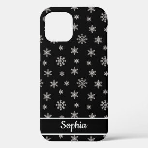 Snowflakes Zwarte patroon gepersonaliseerde naam iPhone 12 Hoesje