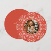 Snowflon Noël Rouge Round Photo Carte de vacances (Devant / Derrière)