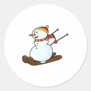 Snowman als Skier met Skis en Pet Ronde Sticker