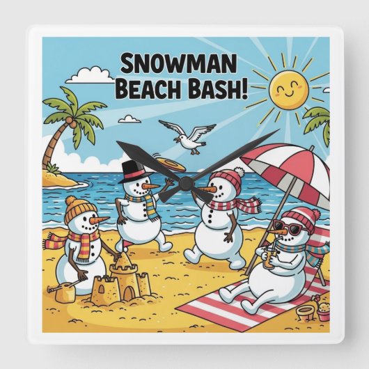 Snowman Beach Bash Vierkante Klok (Voorkant)