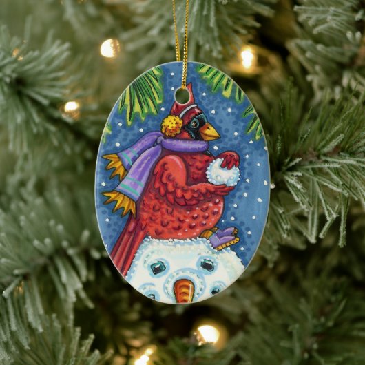 SNOWMAN BODYGUARD, CHRISTMAS CARDINAL REDBIRD KERAMISCH ORNAMENT (Boom)