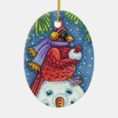 SNOWMAN BODYGUARD, CHRISTMAS CARDINAL REDBIRD KERAMISCH ORNAMENT (Voorkant)