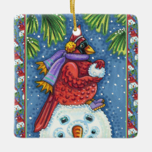 SNOWMAN BODYGUARD, CHRISTMAS CARDINAL REDBIRD KERAMISCH ORNAMENT